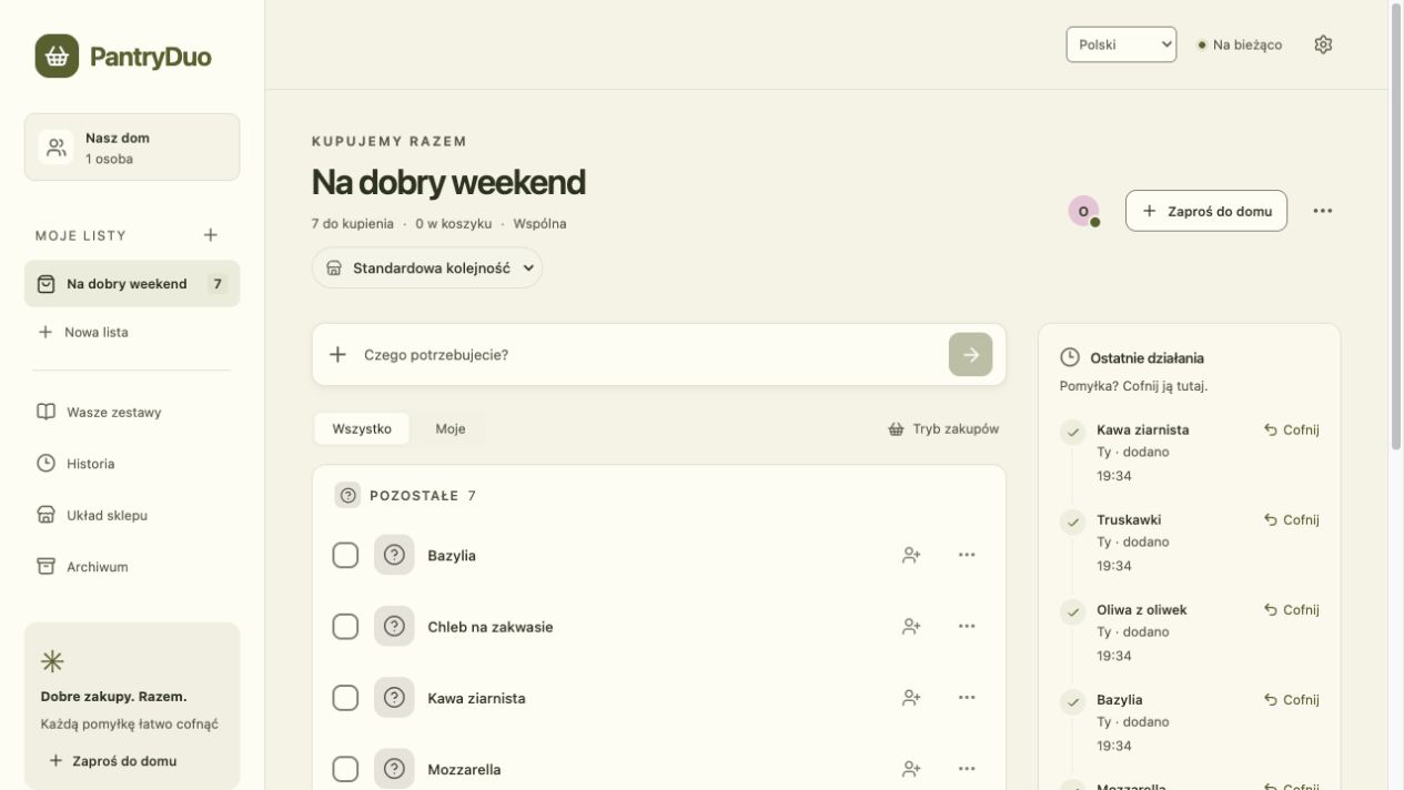Actual application · Polish interface · demonstration data — PantryDuo
